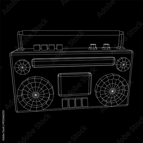 Retro Boombox outdated portable cassette tape recorder. Wireframe low poly mesh vector illustration.