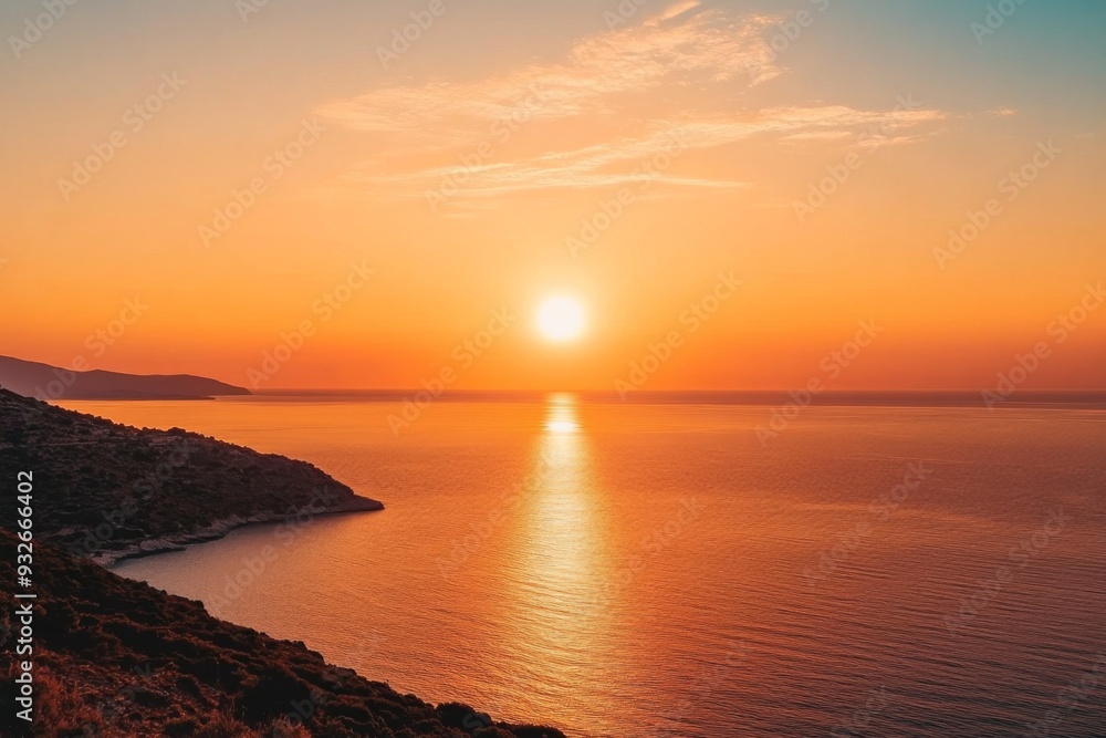 Sunset Over the Sea with Orange Sky and Horizon View from Above, Serene Seascape Sunset Over the Sea with Orange Sky and Horizon View from Above, Serene Seascape