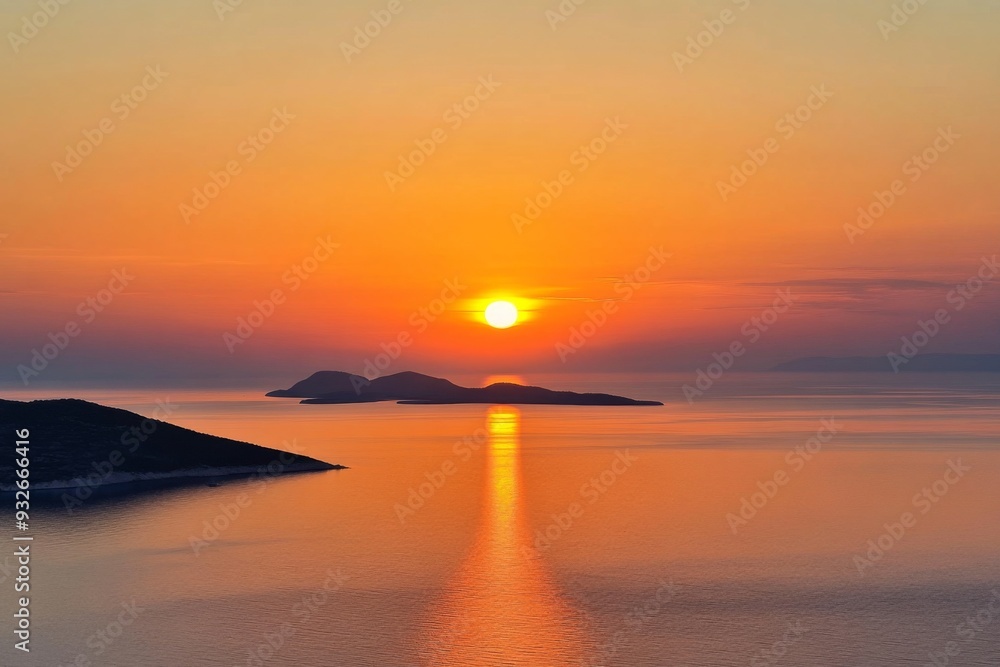 Obraz premium Sunset Over the Sea with Orange Sky and Horizon View from Above, Serene Seascape