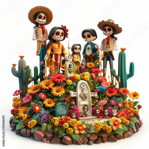 A family gathered around a decorated gravesite, placing flowers and candles, and sharing memories of their loved ones in a colorful Day of the Dead celebration, all illustrated in a 3D photo