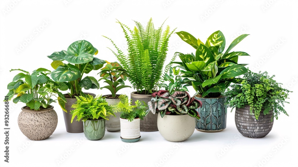 4. Diverse collage of potted houseplants on a white background, featuring a combination of leafy greens and flowering plants in attractive pots, arranged to emphasize the charm and versatility of 4. Diverse collage of potted houseplants on a white background, featuring a combination of leafy greens and flowering plants in attractive pots, arranged to emphasize the charm and versatility of