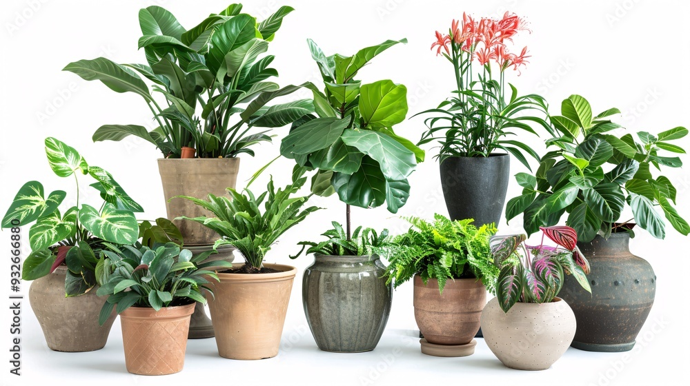 Fototapeta premium 4. Diverse collage of potted houseplants on a white background, featuring a combination of leafy greens and flowering plants in attractive pots, arranged to emphasize the charm and versatility of