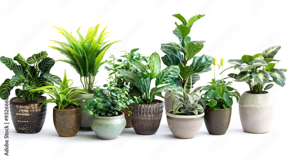 Obraz premium 4. Diverse collage of potted houseplants on a white background, featuring a combination of leafy greens and flowering plants in attractive pots, arranged to emphasize the charm and versatility of
