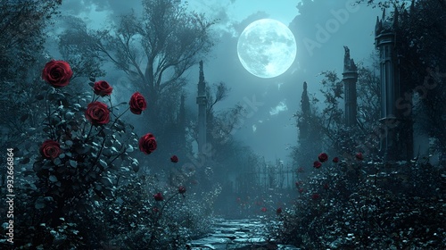 Gothic Rose Garden Under Moonlight in Watercolor Style photo