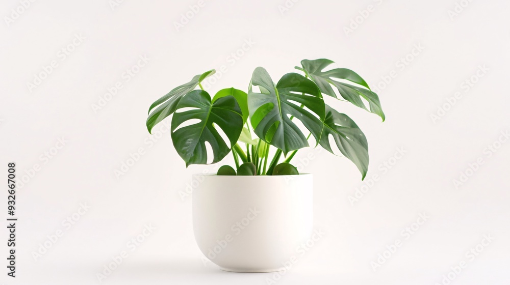 2. Monstera Thai Constellation with variegated leaves, set in a minimalist white pot, isolated against a white background, showcasing the intricate leaf patterns and crisp clipping path for a 2. Monstera Thai Constellation with variegated leaves, set in a minimalist white pot, isolated against a white background, showcasing the intricate leaf patterns and crisp clipping path for a