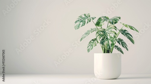 1. Variegated Monstera Thai Constellation plant in a sleek white pot, isolated on a white background, with detailed green and white marbled leaves, and a clean clipping path to highlight the plant's