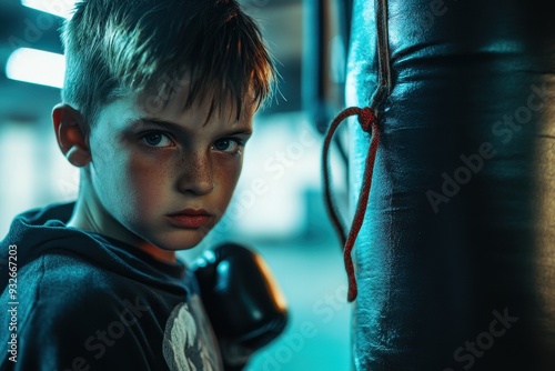 Young boxer training with punching bag at sport center close up photo effective new hobby photo