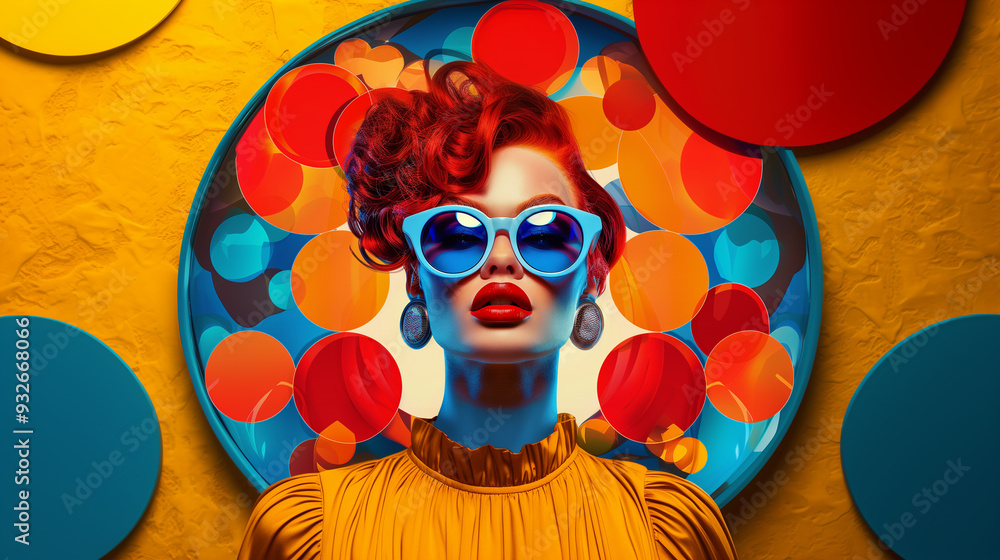 Fototapeta premium Modern painting in pop art style of young beautiful woman in blue sunglasses and red hair on bright colorful geometric background. Contemporary trendy stylish drawing in bold hues