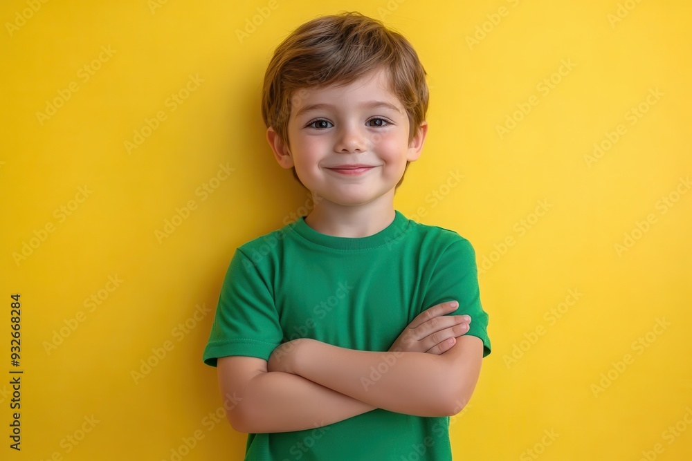 Young boy with green shirt smiling on yellow background representing Mother s Day and family Young boy with green shirt smiling on yellow background representing Mother s Day and family