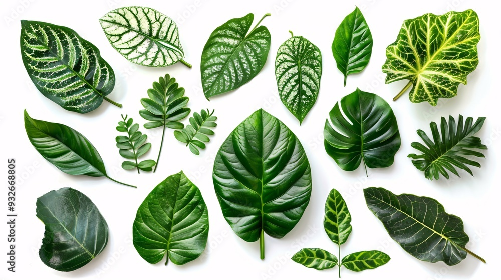 1. Assorted tropical leaves of Asia with vibrant green hues, featuring various shapes and textures, isolated on a white background with clipping path included 1. Assorted tropical leaves of Asia with vibrant green hues, featuring various shapes and textures, isolated on a white background with clipping path included