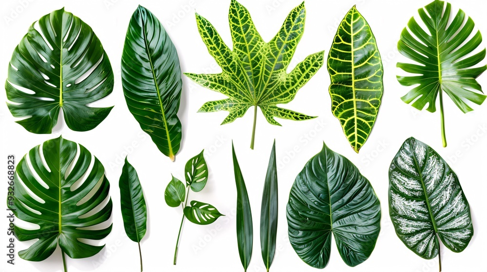 1. Assorted tropical leaves of Asia with vibrant green hues, featuring various shapes and textures, isolated on a white background with clipping path included 1. Assorted tropical leaves of Asia with vibrant green hues, featuring various shapes and textures, isolated on a white background with clipping path included