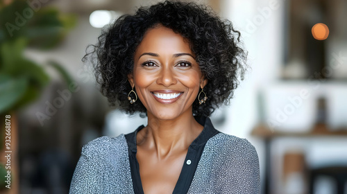 A smiling woman with curly ...