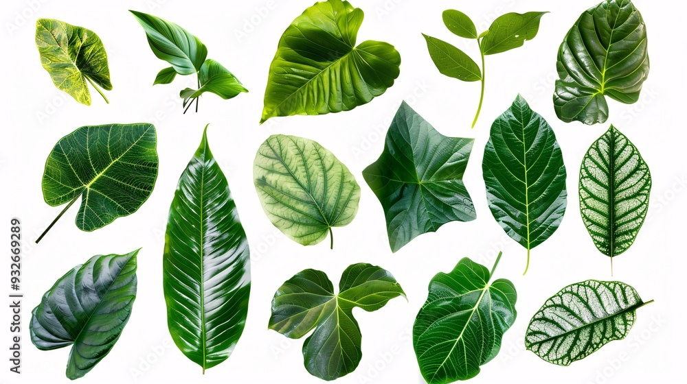 5. Various tropical leaves native to Asia, each with distinct shapes and rich green tones, isolated on white with precise clipping path included 5. Various tropical leaves native to Asia, each with distinct shapes and rich green tones, isolated on white with precise clipping path included