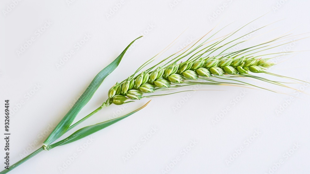 2. Single green wheat spikelet showing intricate details and fine textures, isolated on a pristine white background 2. Single green wheat spikelet showing intricate details and fine textures, isolated on a pristine white background