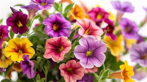 2. Close-up of a bouquet of Calibrachoa flowers in full bloom, showcasing a variety of rich colors and intricate petal patterns, isolated on white