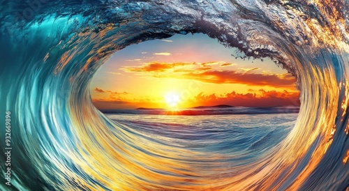 Inside a Barrel Wave at Sunset with Vibrant Colors Reflecting Off Its Surface and the Setting Sun in the Background, Capturing the Crystal-Clear Blue Water Forming a Perfect Curve