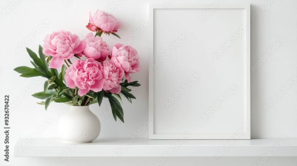 White-framed mockup with pink peonies White-framed mockup with pink peonies