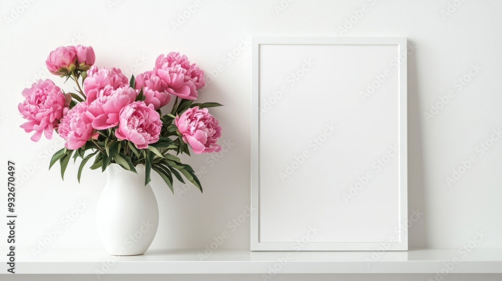 White-framed mockup with pink peonies White-framed mockup with pink peonies