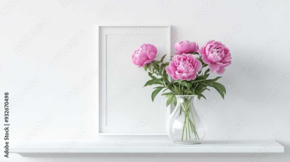 White-framed mockup with pink peonies White-framed mockup with pink peonies