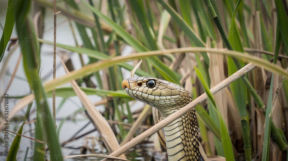 Naklejka premium Wildlife featuring cobra in striking pose amidst tall grass