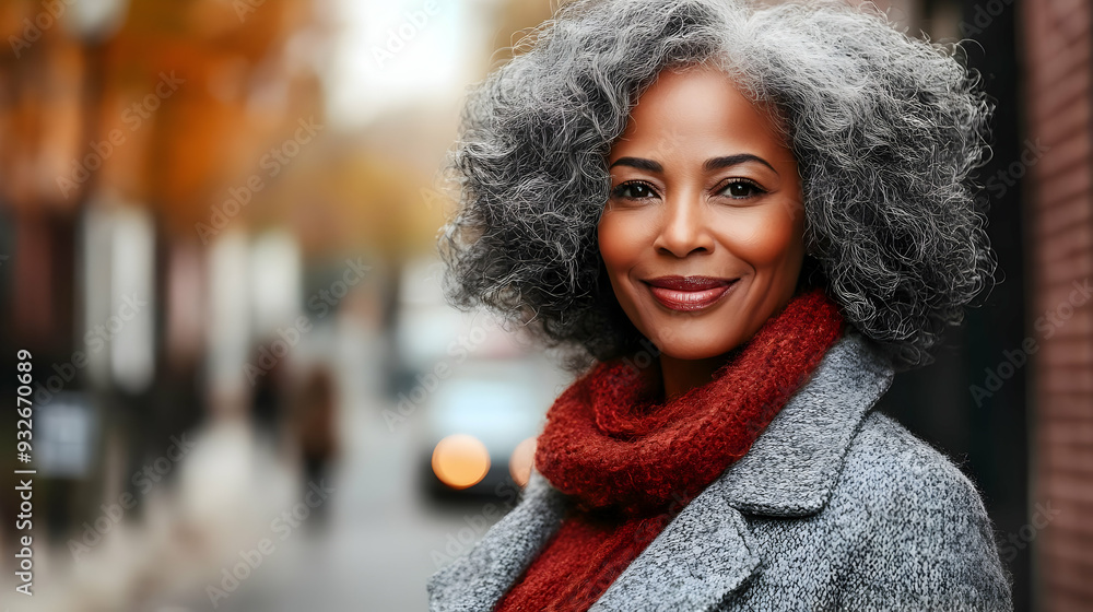 A smiling woman with gray hair in a cozy sweater outdoors. A smiling woman with gray hair in a cozy sweater outdoors.