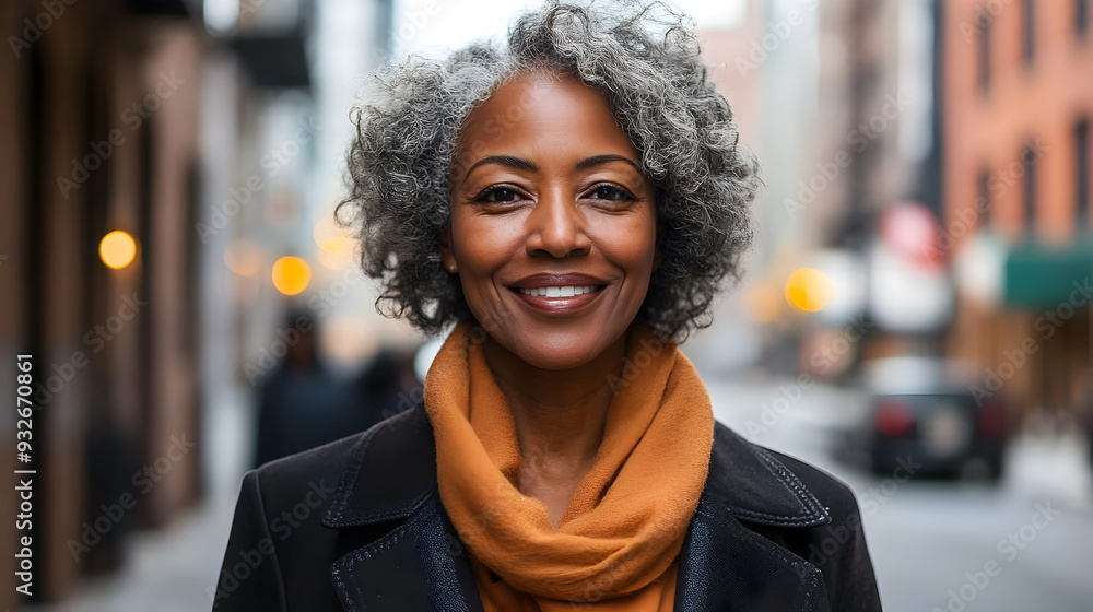 A smiling woman with gray hair in an urban setting. A smiling woman with gray hair in an urban setting.