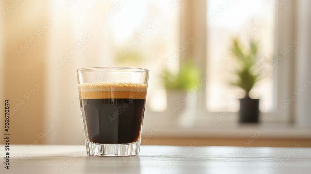 Freshly brewed espresso in a glass cup on a bright morning by a window with plants in the background. Freshly brewed espresso in a glass cup on a bright morning by a window with plants in the background.