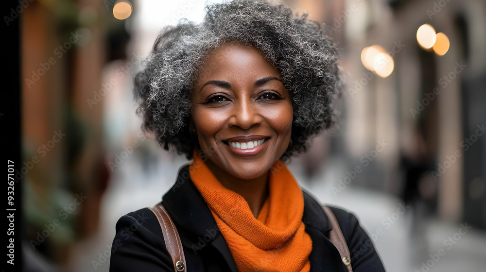 A smiling woman with gray hair wearing an orange scarf outdoors. A smiling woman with gray hair wearing an orange scarf outdoors.