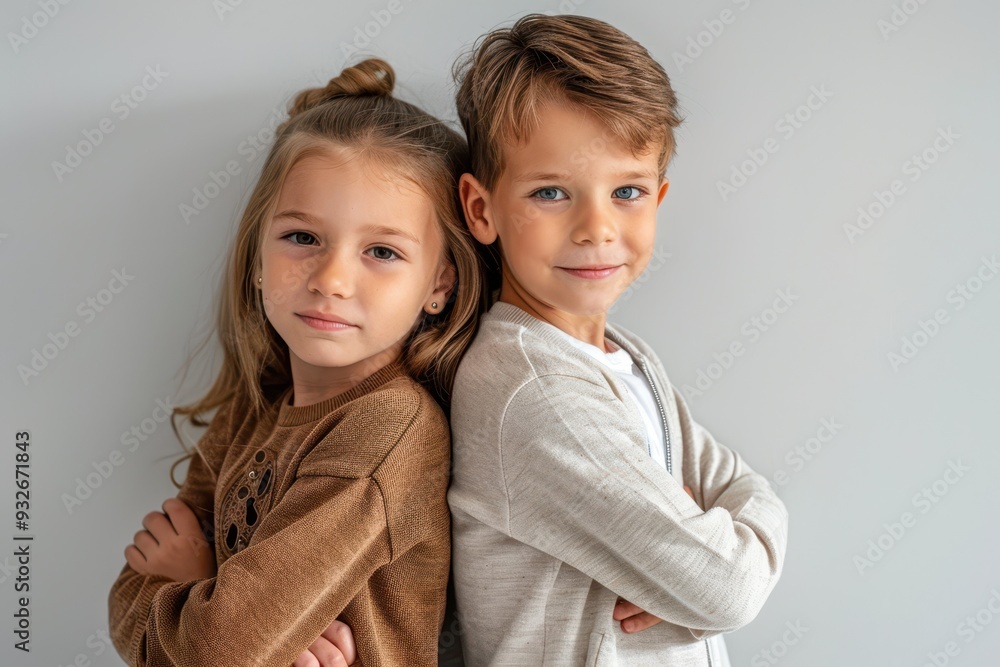 Little girl and boy smiling standing back to back arms crossed on light ...