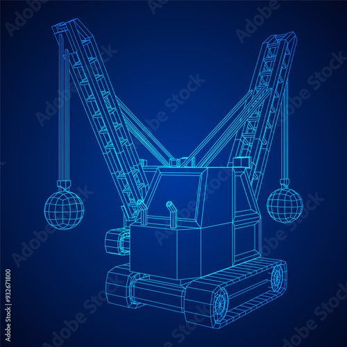 Wrecking ball excavator, demolition crane machine. Wireframe low poly mesh vector illustration