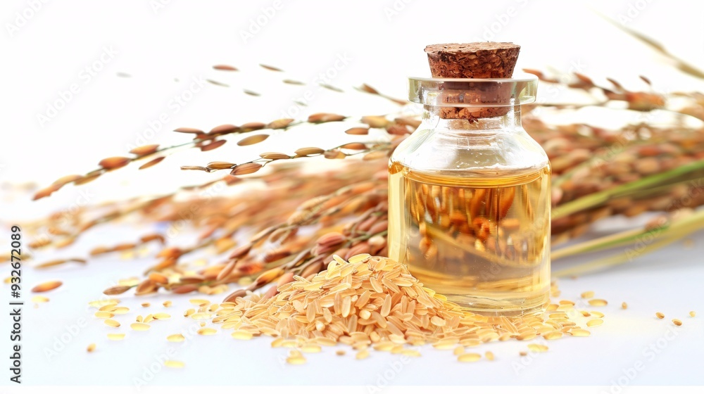 5. Beautiful arrangement of rice bran oil with fresh paddy and scattered brown rice grains, isolated on a pristine white background 5. Beautiful arrangement of rice bran oil with fresh paddy and scattered brown rice grains, isolated on a pristine white background