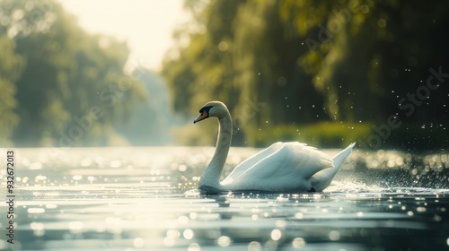 A close-up view of a single swan gracefully moving across a serene lake, with a blurred background of water and greenery enhancing the focus on the swan. photo