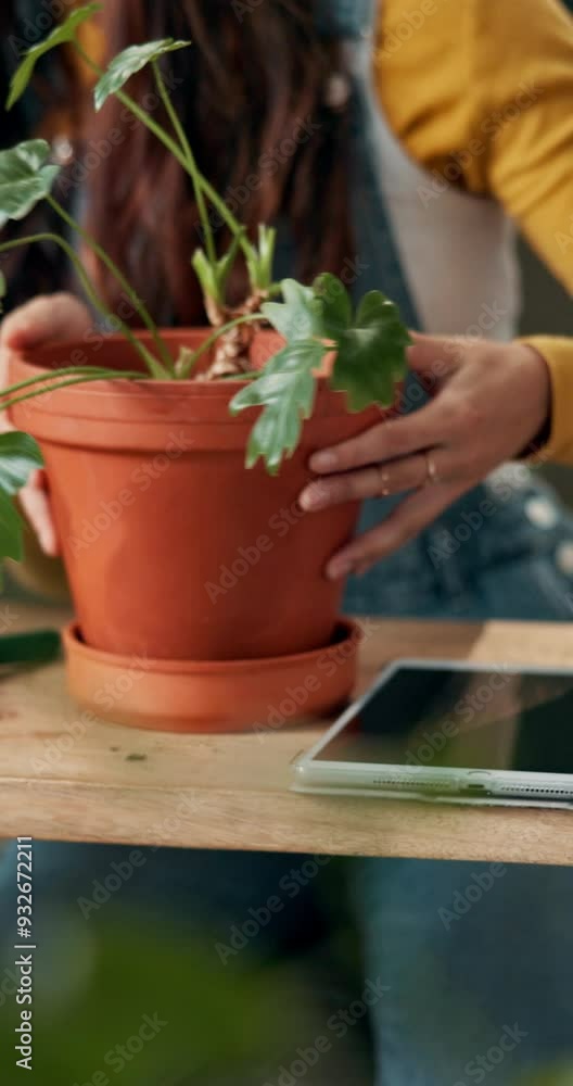 Home, woman and hands with plant on table for eco friendly development, care and nurture in growth. Philodendron, leaves and person with tablet in house for horticulture, hobby and research on botany Home, woman and hands with plant on table for eco friendly development, care and nurture in growth. Philodendron, leaves and person with tablet in house for horticulture, hobby and research on botany