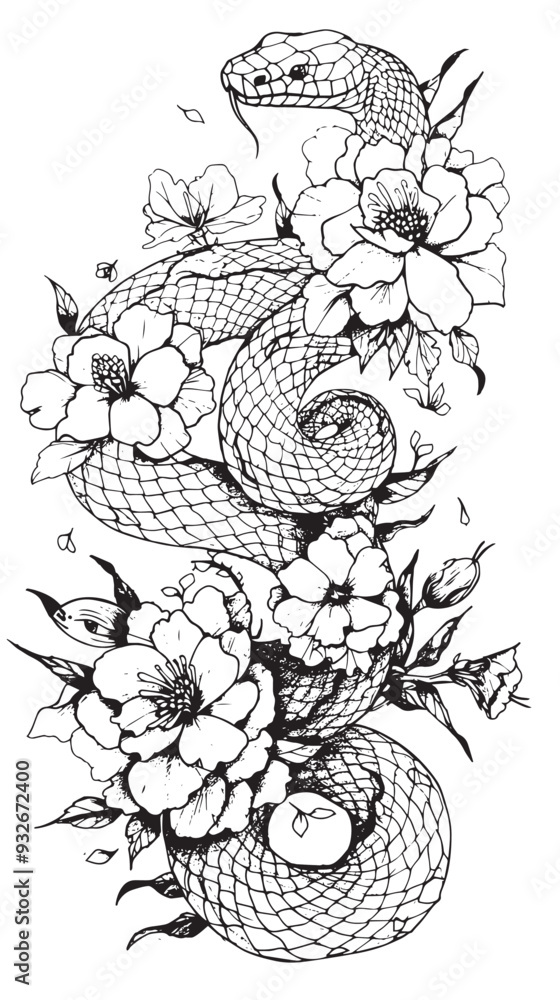 Fototapeta premium Hand drawing outline snake with flowers vector
