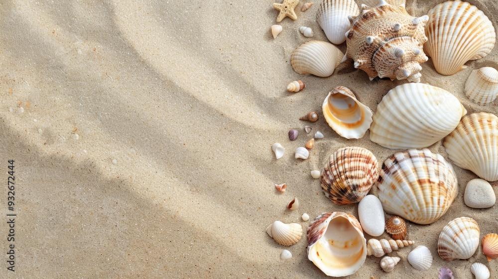 A coastal background filled with various seashells and small pebbles, arranged on a clean, soft sandy surface to highlight their natural beauty A coastal background filled with various seashells and small pebbles, arranged on a clean, soft sandy surface to highlight their natural beauty