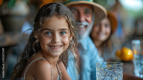 multi generation family having garden party celebration little girl,her dad,grandmother drinking water,lemon having nice time