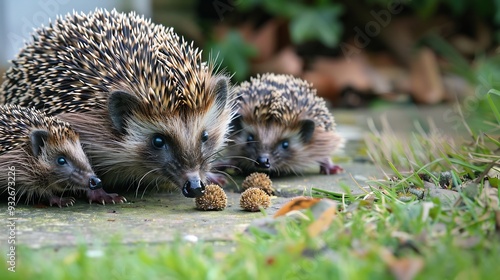 Wildlife featuring family of hedgehogs exploring their garden habitat photo