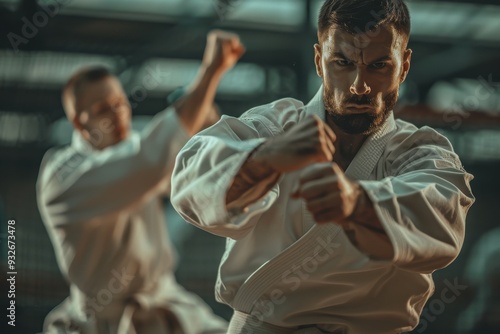 Male athlete training in martial arts at a dojo for self defense and sports competitions