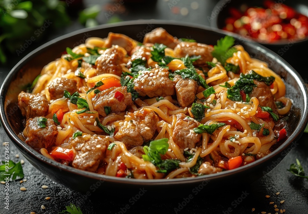 Stir-Fried Noodles with Meat and Vegetables - Authentic Chinese Cuisine in Vibrant Food Photography Stir-Fried Noodles with Meat and Vegetables - Authentic Chinese Cuisine in Vibrant Food Photography