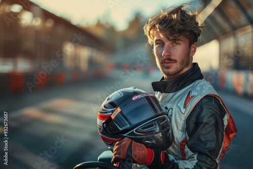 Male kart racer posing with helmet go cart theme photo