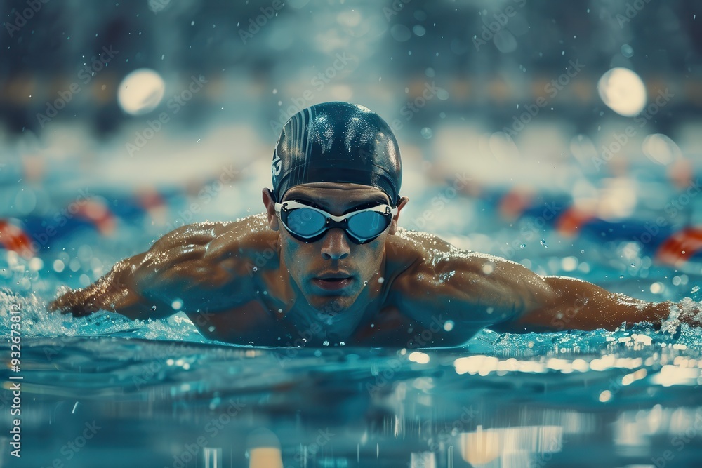 Fototapeta premium Male professional athlete swimming in a pool for race training at an outdoor fitness stadium