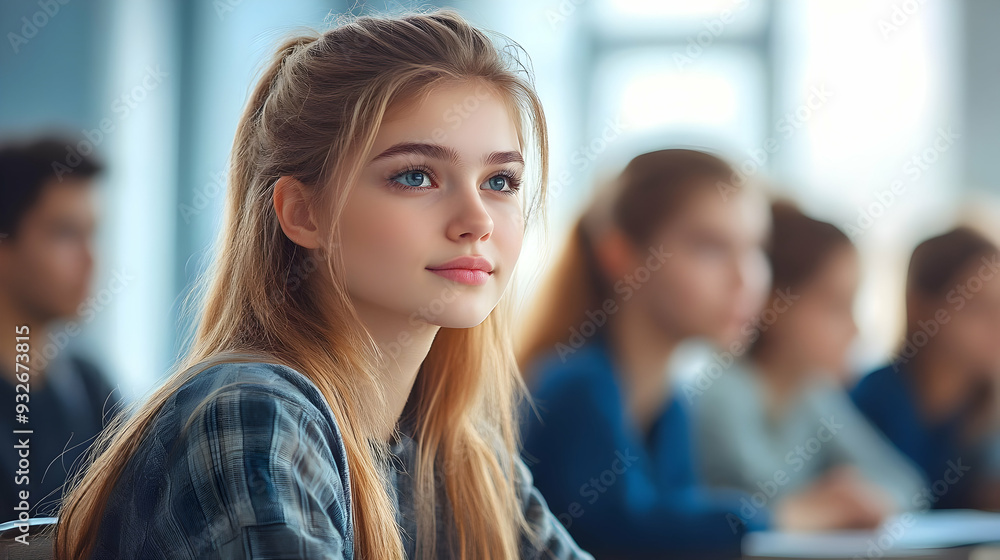 A thoughtful young woman in a classroom setting. A thoughtful young woman in a classroom setting.
