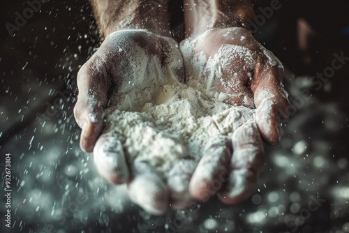 Male powerlifter preparing hands with chalk before lifting weights Toned image with a new perspective photo