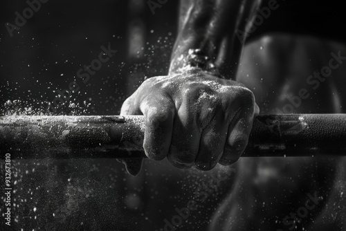 Male powerlifter preparing with chalk for weightlifting Toned hands gripping barbell