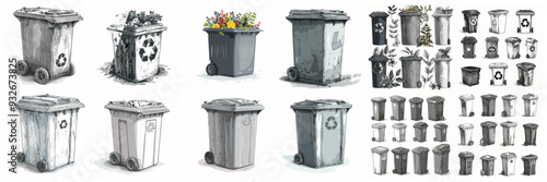 A series of trash cans with one saying recycle. The trash cans are all different sizes and colors