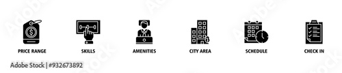 Hotel booking banner web icon set vector symbol illustration concept with icon of price range, select, amenities, city area, schedule, check in icons symbol live stroke editable