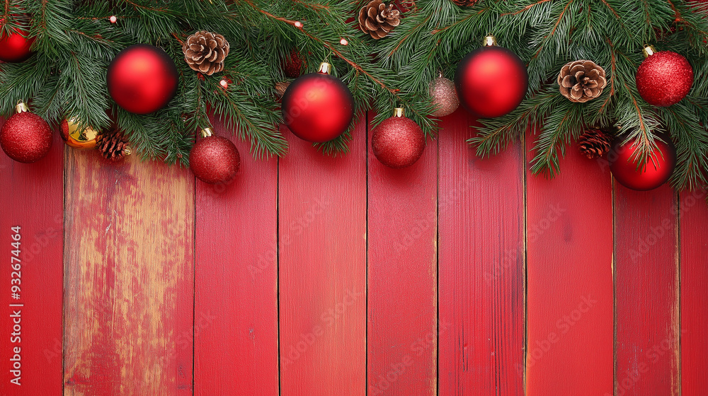 Festive Christmas ornaments and pinecones on a red wooden background. The image combines traditional holiday colors and rustic textures, evoking a warm, cozy holiday spirit. Festive Christmas ornaments and pinecones on a red wooden background. The image combines traditional holiday colors and rustic textures, evoking a warm, cozy holiday spirit.