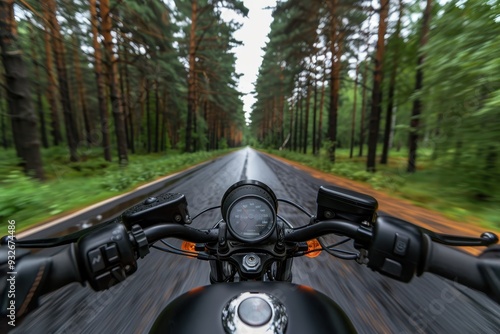 Motorcycle touring in the forest enjoying an empty road Text space available