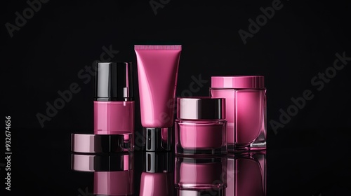 Pink Cosmetic Products on Black Background photo