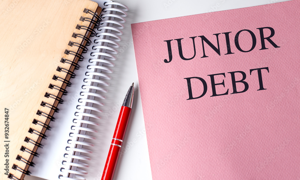 JUNIOR DEBT text on pink paper with notebooks JUNIOR DEBT text on pink paper with notebooks